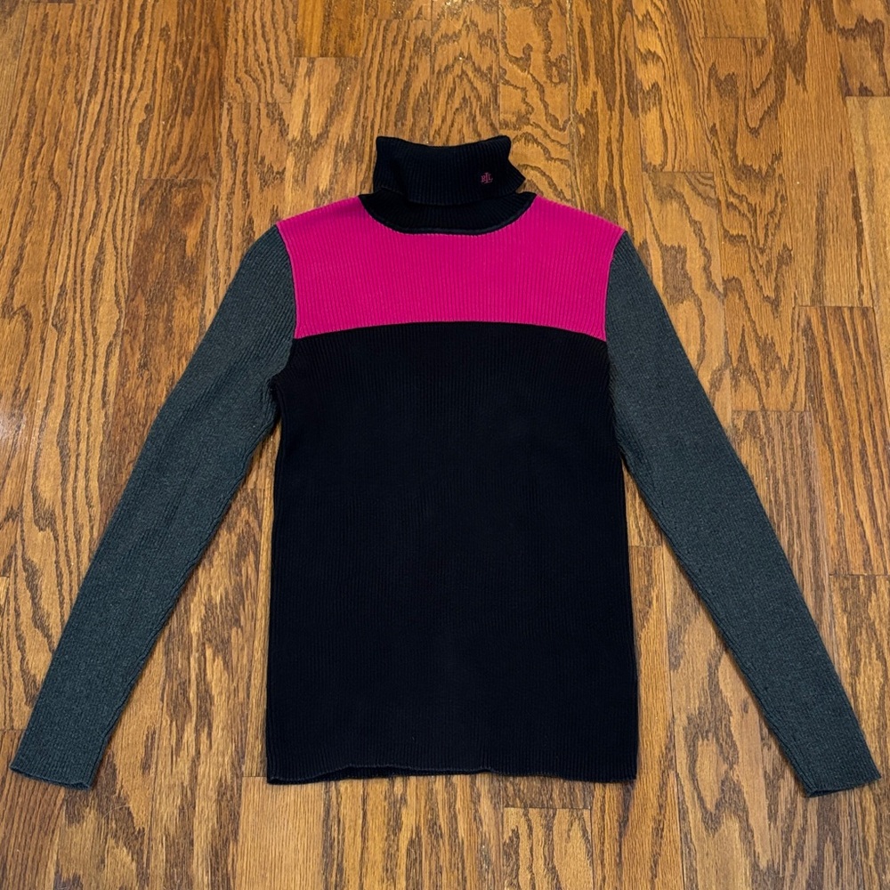 Ralph Lauren, Women's, Pink, Black, Gray Color Block Turtleneck Sweater, Size M